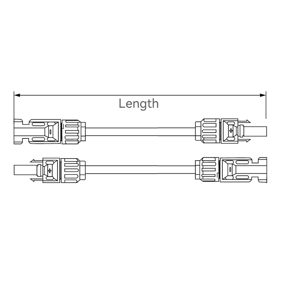 Dimensional drawing of twin solar cable highlighting connector configuration and length