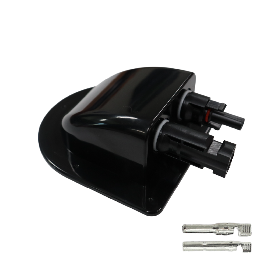 Black solar cable entry housing with two connectors and separate crimp terminals