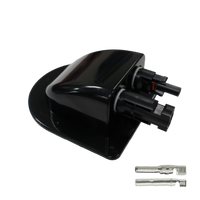Black solar cable entry housing with two connectors and separate crimp terminals