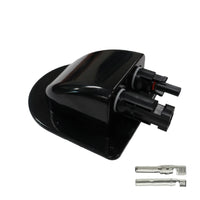 Black solar cable entry housing with two connectors and separate crimp terminals