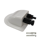 Angled view of white solar cable entry cover with integrated black connectors and loose crimp terminals