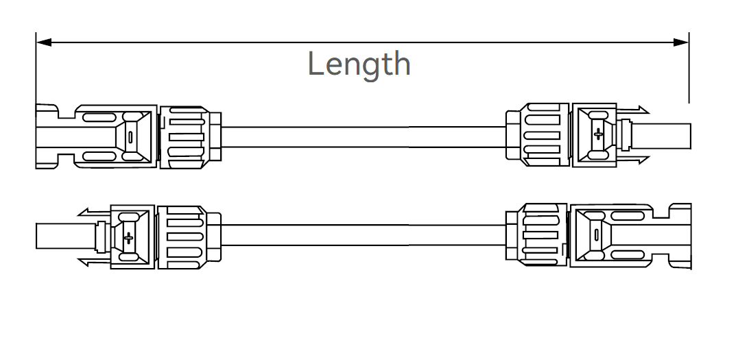 Technical drawing of twin solar cable showing male and female MC4 connectors and length dimension