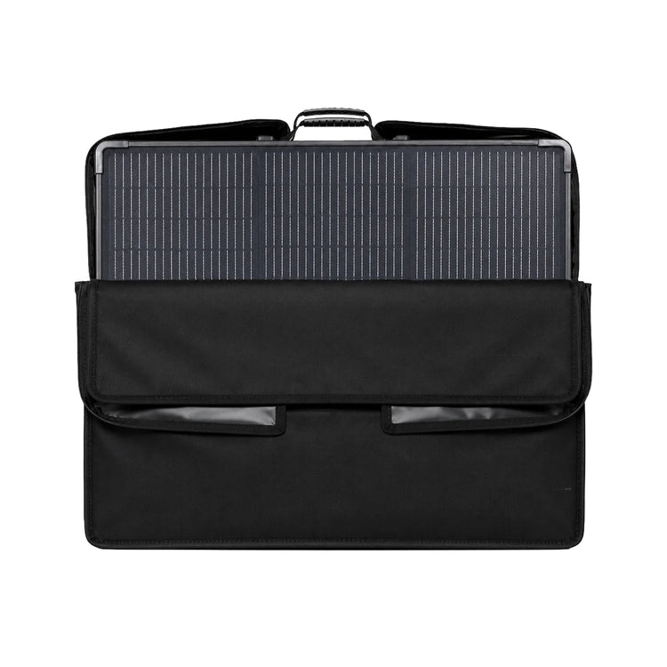 Solar panel inside open black carry case showing protective inner lining