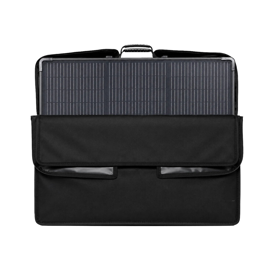 Solar panel inside open black carry case showing protective inner lining