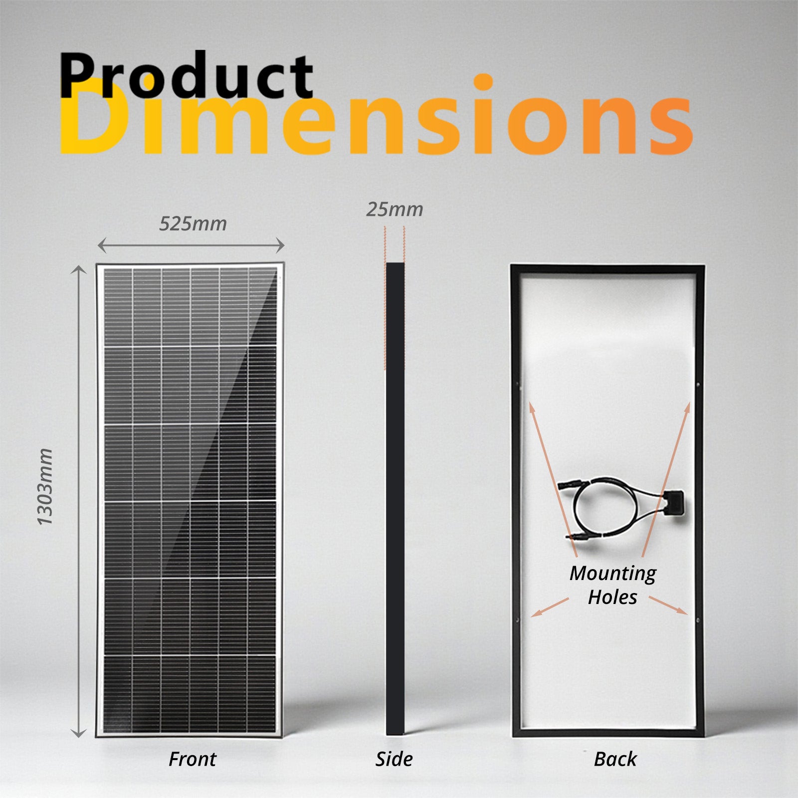 Technical dimensional drawing of solar panel showing 1303mm height, 525mm width and 25mm depth