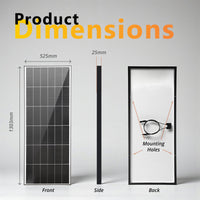 Technical dimensional drawing of solar panel showing 1303mm height, 525mm width and 25mm depth