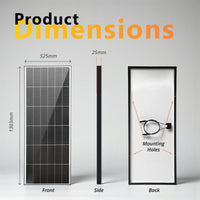 Technical dimensional drawing of solar panel showing 1303mm height, 525mm width and 25mm depth