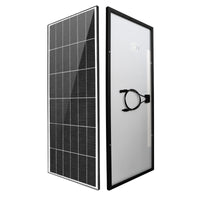 Composite image showing both front cell grid and rear junction box layout of 145W solar panel