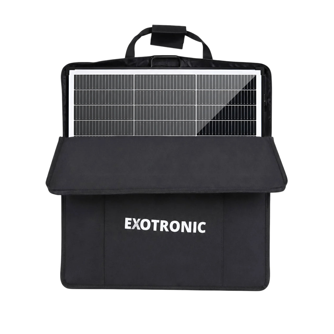 A black 200W folding solar panel partially tucked into its protective carry bag