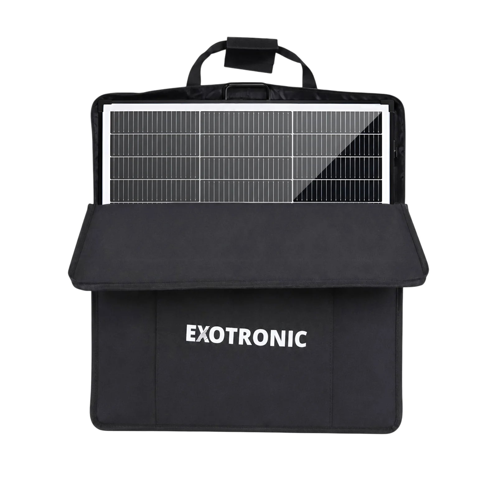 A black 200W folding solar panel partially tucked into its protective carry bag