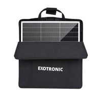 A black 200W folding solar panel partially tucked into its protective carry bag