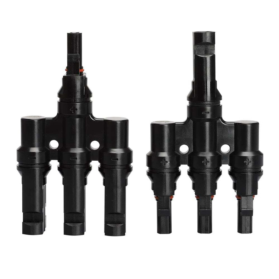 Front view of solar branch joiner pair showing mounting holes and polarity markings