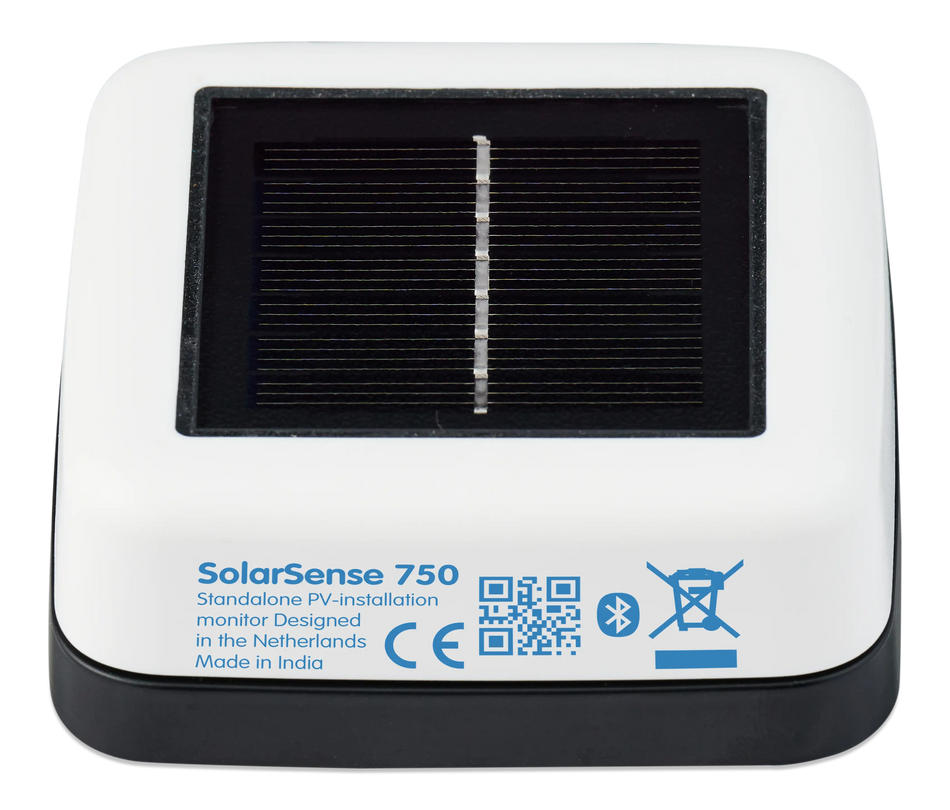 Front view of square solar monitor showing sensor cell and product labels