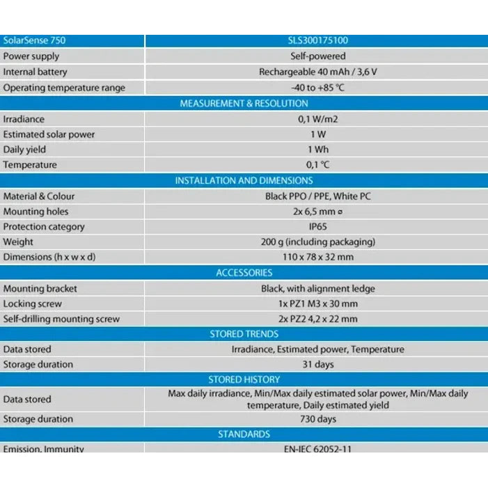 Technical specifications table for the SolarSense 750 solar monitor