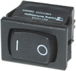 Black SPDT momentary rocker switch with white line and circle markings