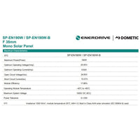 Technical specification table showing electrical values and dimensions for 190W solar panel