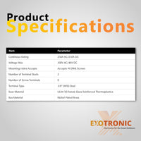 Table showing specifications including 250A rating and 300V AC 48V DC max voltage