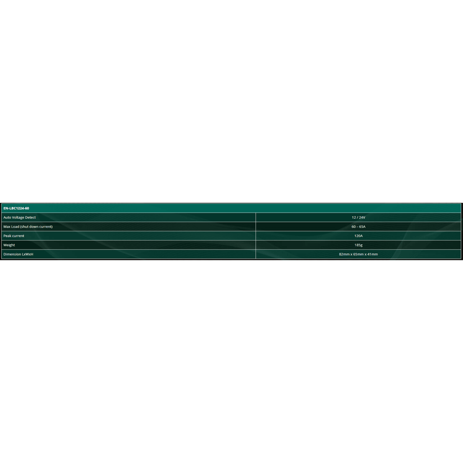 Technical specifications table for Enerdrive Battery Guard listing electrical ratings and dimensions