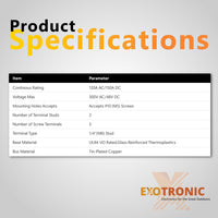 Product specifications table listing ratings, materials and terminal types for Exotronic busbar