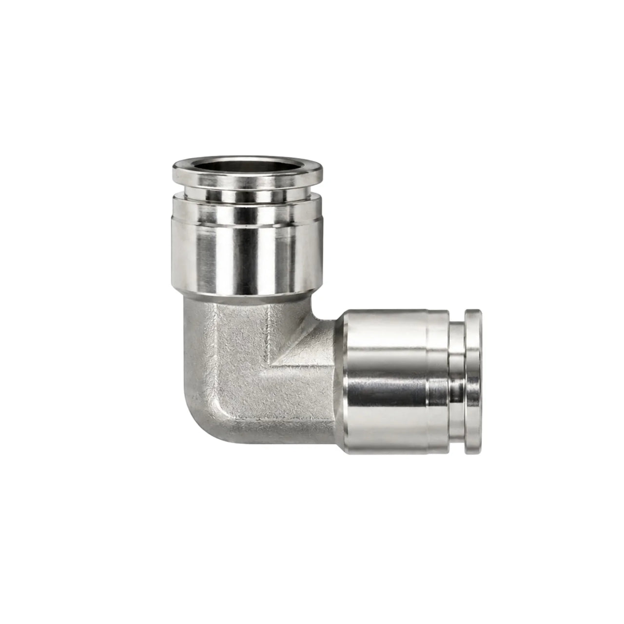 Side view of a 90-degree 304 stainless steel push-to-connect elbow fitting for 10mm OD tubing