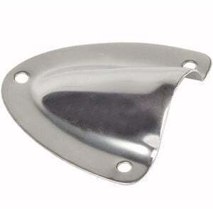 Polished stainless steel clamshell cable entry cover shown from an angle