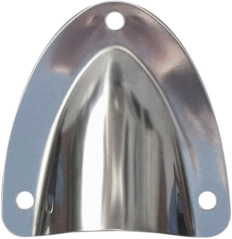 Top-down view of a stainless steel clamshell cable entry cover showing hole placement