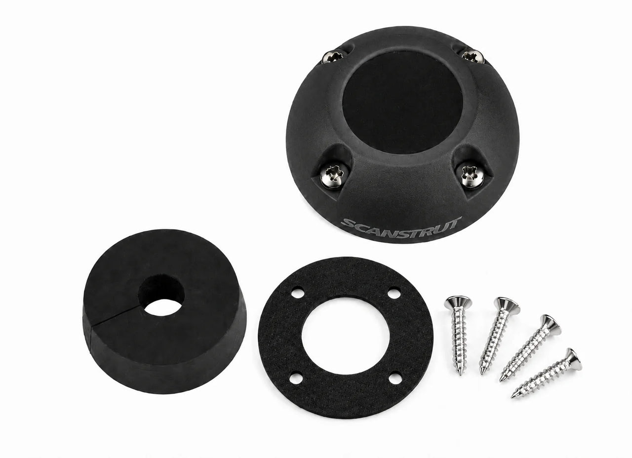 Components of a Starlink cable seal kit with black dome, split bung, gasket and screws