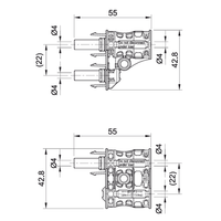 Technical dimensional drawing of MC4 Evo 2 branch connector showing 55mm width and 42.8mm height spacing