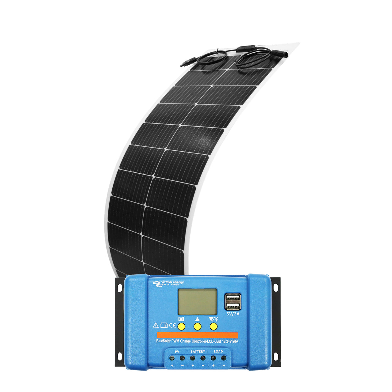 Narrow flexible 100W solar panel curved above a Victron 20A PWM charge controller with LCD and USB ports