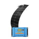 Narrow flexible 100W solar panel curved above a Victron 20A PWM charge controller with LCD and USB ports