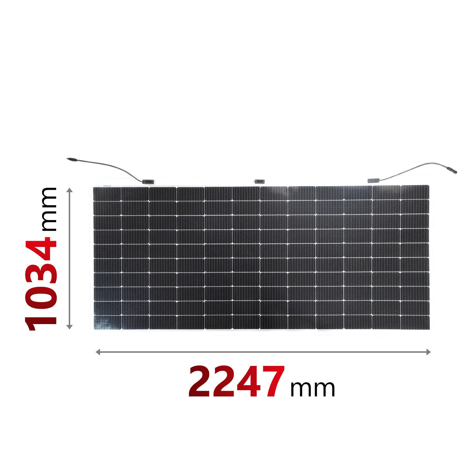 Front view of Sunman solar panel showing dimensions of 2247mm length and 1034mm width
