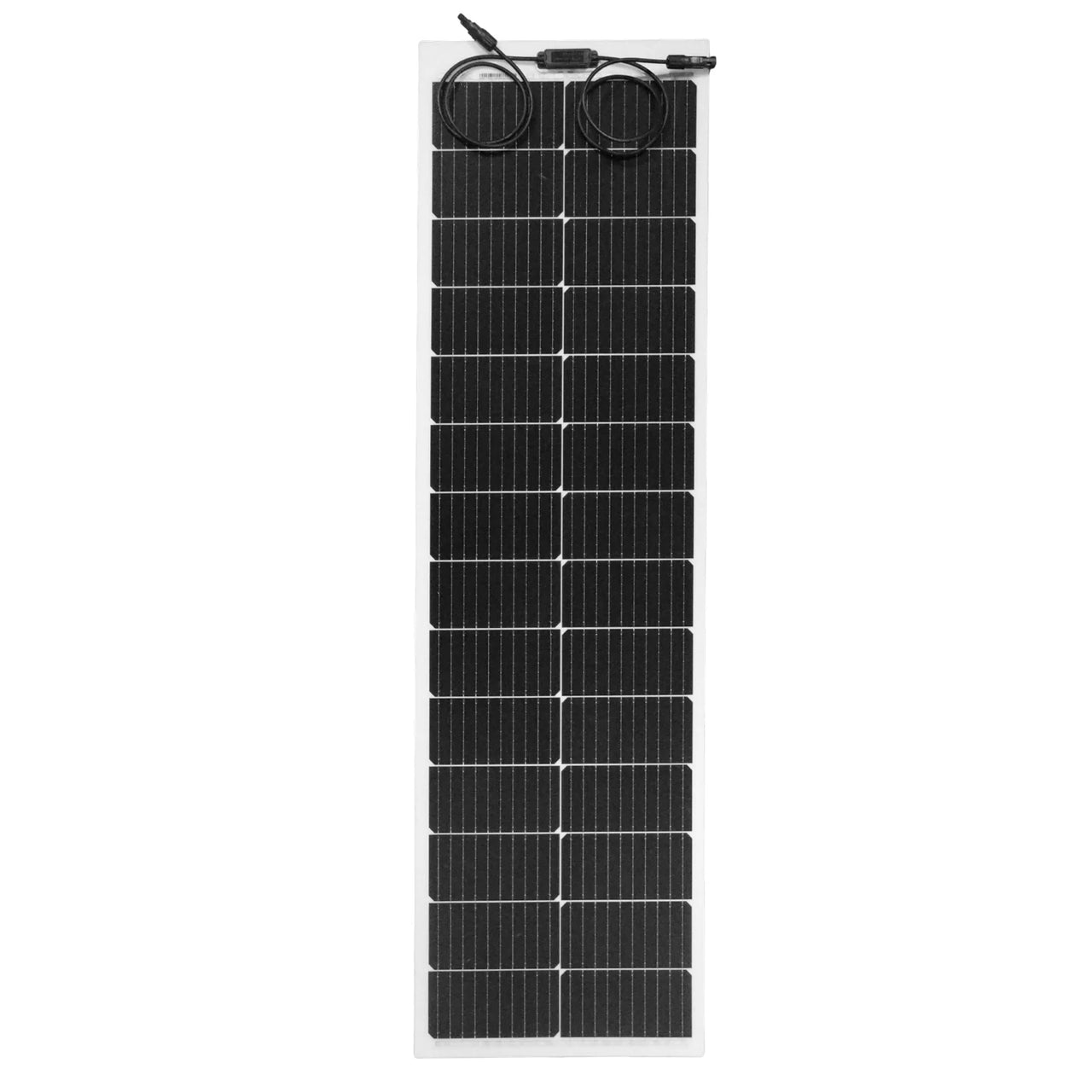 Front view of Sunman eArc 100W narrow flexible solar panel with junction box and MC4 connectors