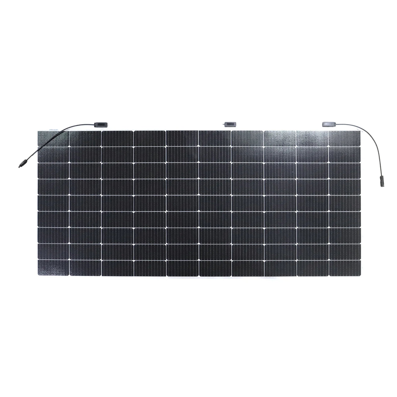 Front view of Sunman eArc 320W flexible solar panel showing dark cells, three junction boxes and MC4 cables