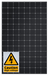 Front view of an all-black solar panel with a high voltage caution sticker in the bottom left corner