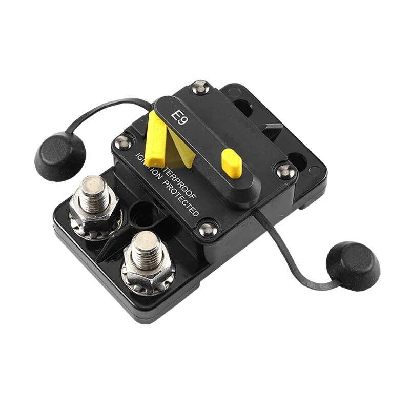Angled view of circuit breaker highlighting stainless steel studs and sturdy black housing