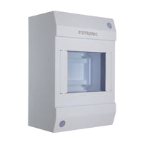 Angled view of white Exotronic 4-module surface mount DIN rail enclosure