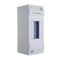 Angled view of a white Exotronic 2-module surface mount DIN rail enclosure