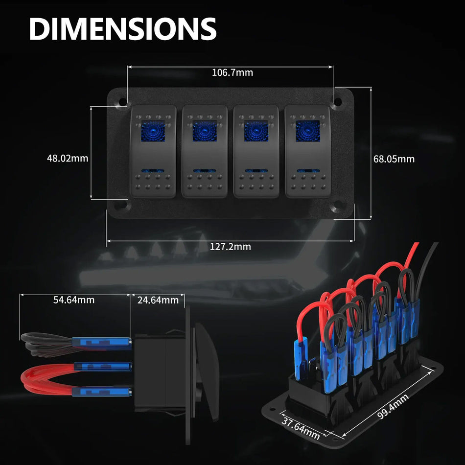 Dimension diagram of 4-gang switch panel showing width 127.2mm height 68.05mm and mounting spacing