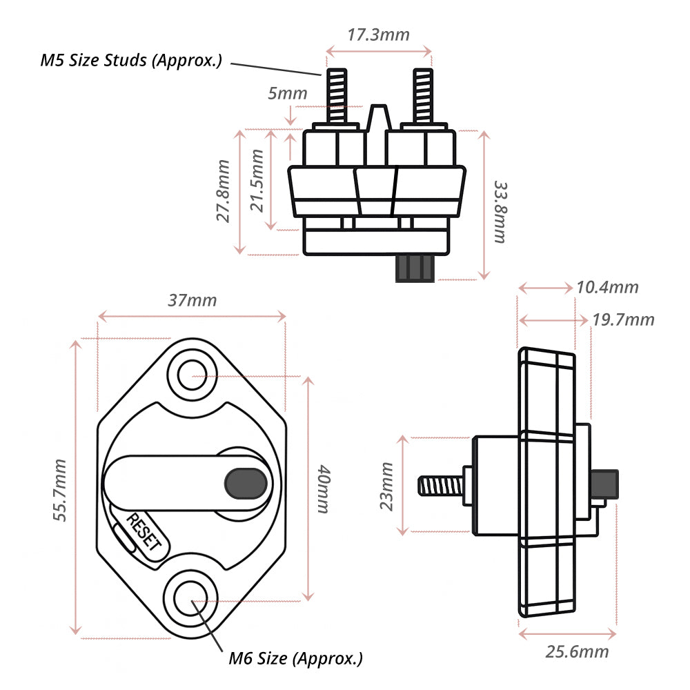 Technical dimensional diagram of Exotronic E66 circuit breaker showing height, width and stud spacing in millimeters