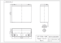 Technical dimensional drawing of Victron AGM Super Cycle battery showing front, side and top views