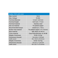 Specification table for the 150A busbar with cover including voltage and torque