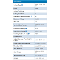 Technical specifications table listing voltage, amperage, torque values and physical dimensions