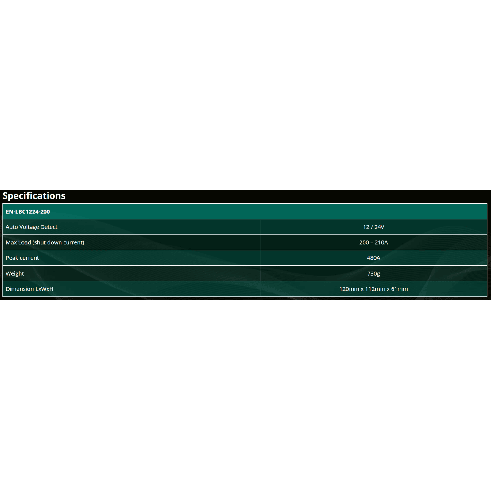 Technical specifications table for Enerdrive battery guard listing voltage, max load 200A and dimensions