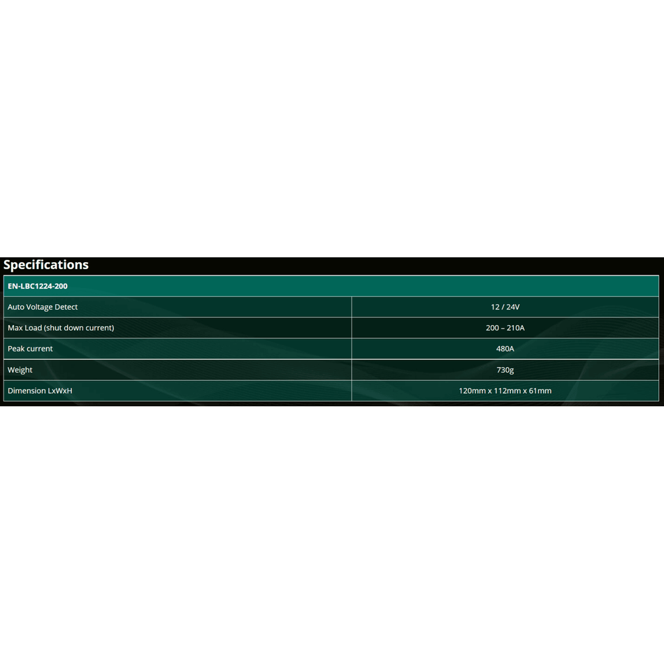 Technical specifications table for Enerdrive battery guard listing voltage, max load 200A and dimensions