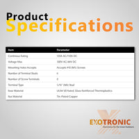 Product specifications table listing 150A DC rating and M6 terminal details