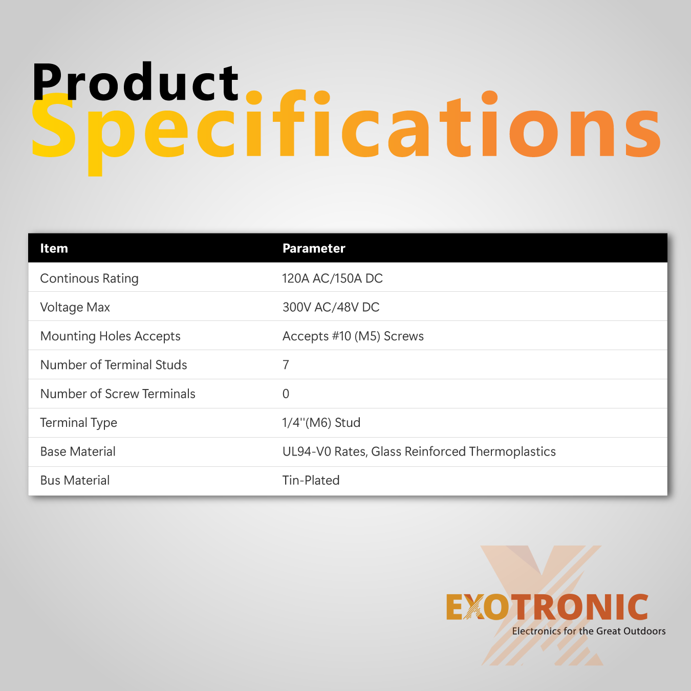 Technical specifications table for 150A 7-stud busbar