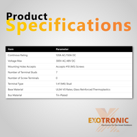 Technical specifications table for 150A 7-stud busbar