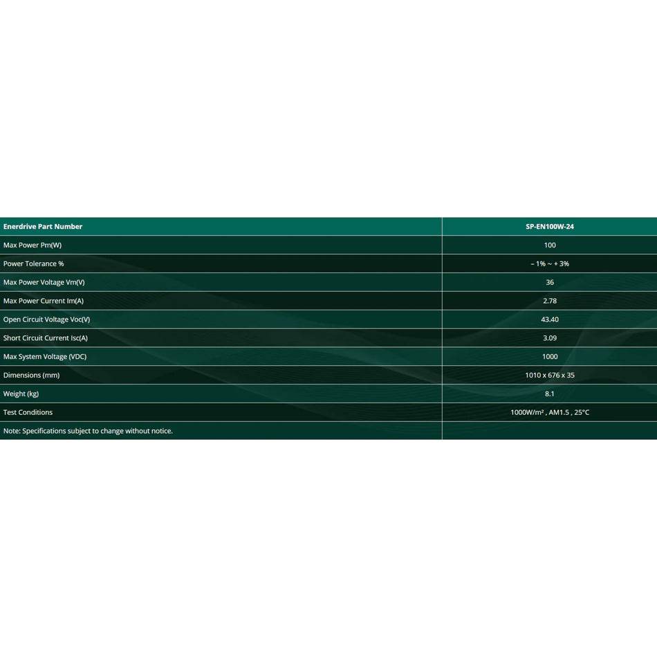 Technical specifications table for Enerdrive SP-EN100W-24V including power voltage and dimensions