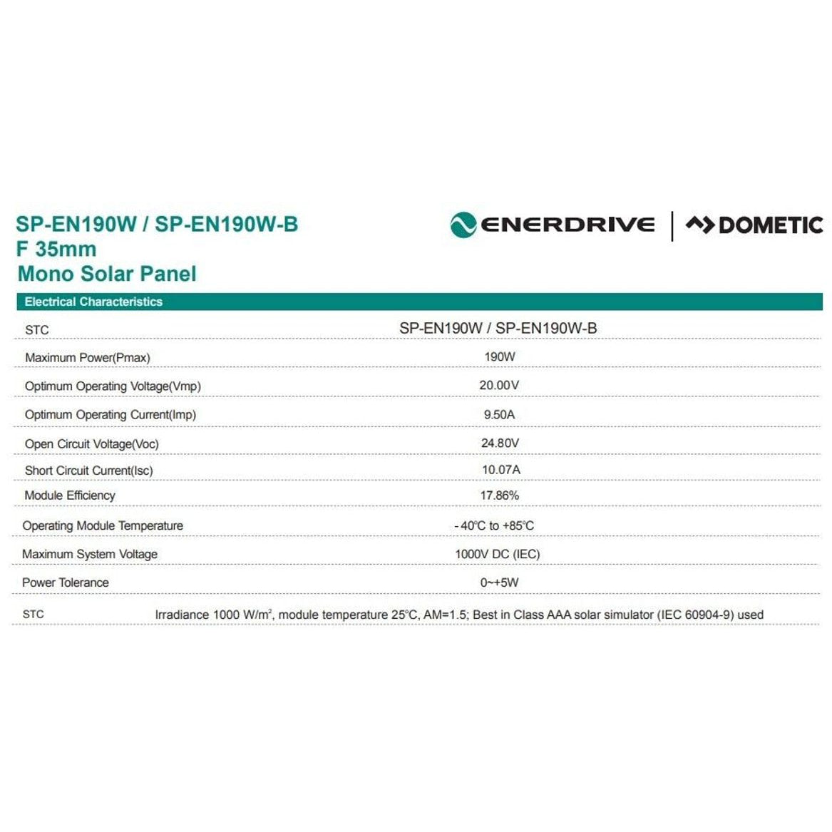 Technical specifications table for Enerdrive 190W solar panel electrical characteristics