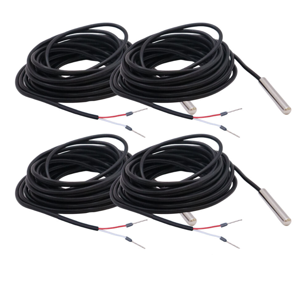 Four coiled black temperature sensor cables with stainless steel probes and exposed wire leads